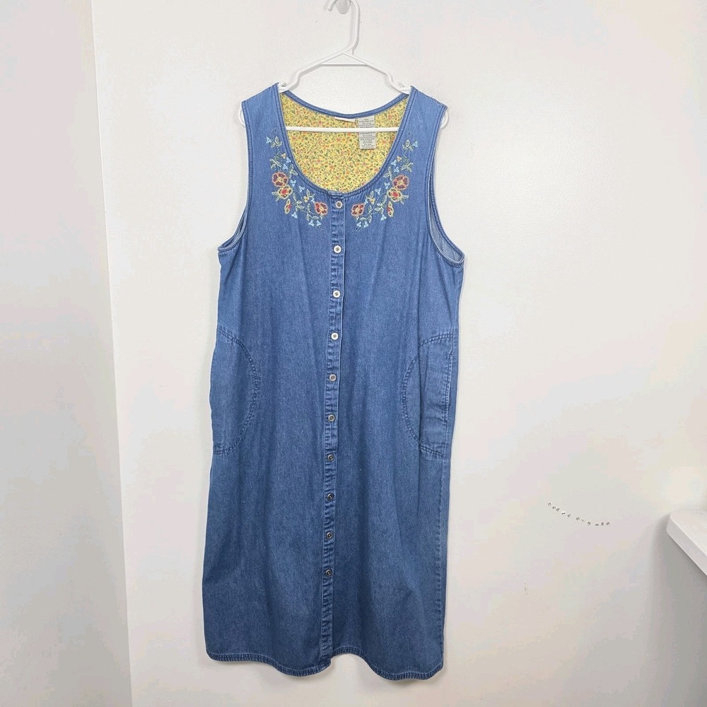 White Stag Denim Button Up Sleeveless Floral Embroidered‎ Midi Dress Size XL